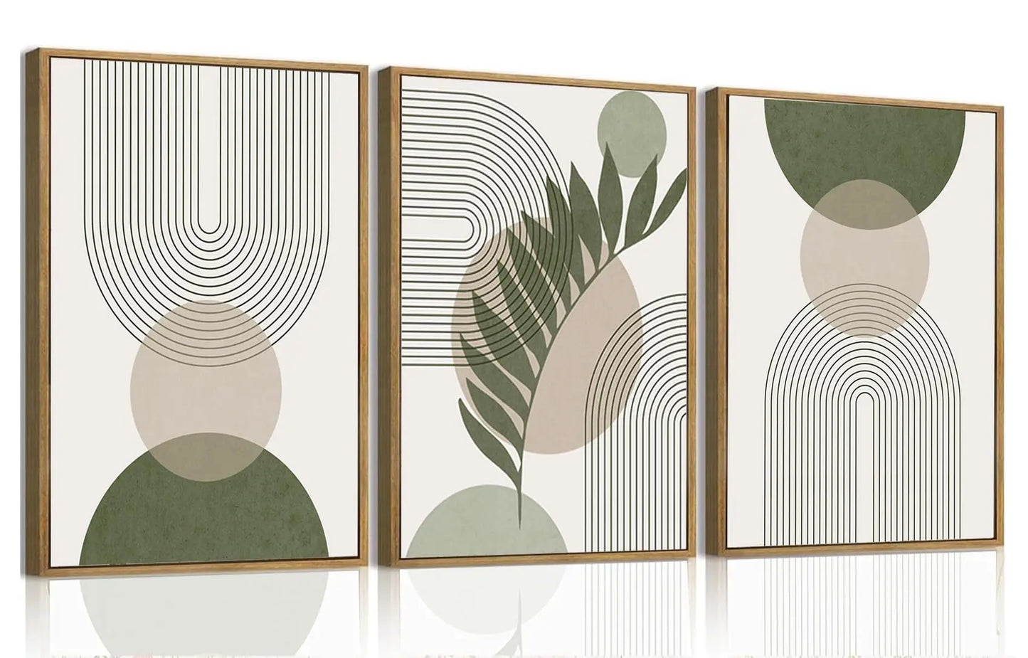Framed Boho Canvas Wall Art Mid Century Modern Prints Set of 3 Neutral Geometric Line Leaf Paintings Decor Minimalist Abstract Pictures Bedroom Living Room Bathroom