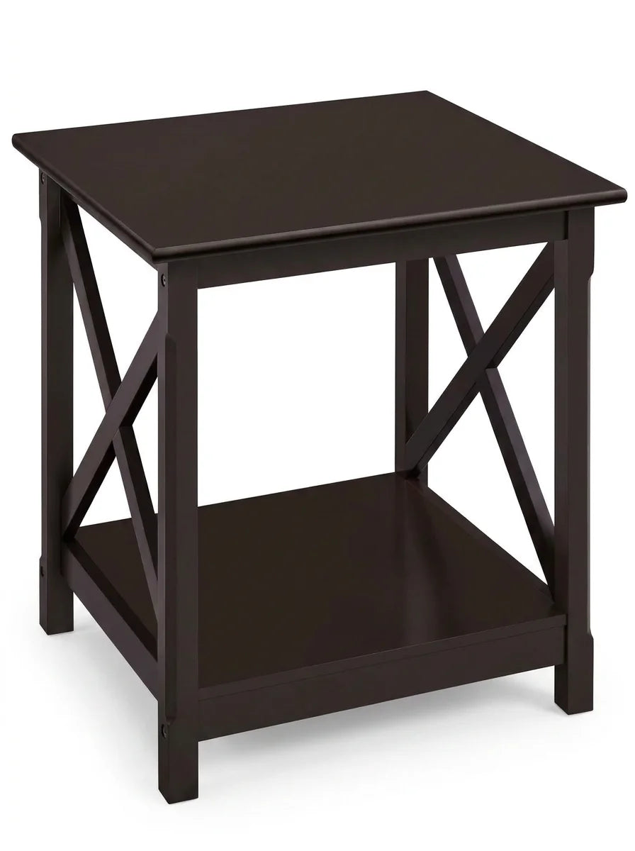 2 Tier End Table with Storage Shelf, Strong X Design Side Table for Living Room, Small Corner Table for Small Spaces