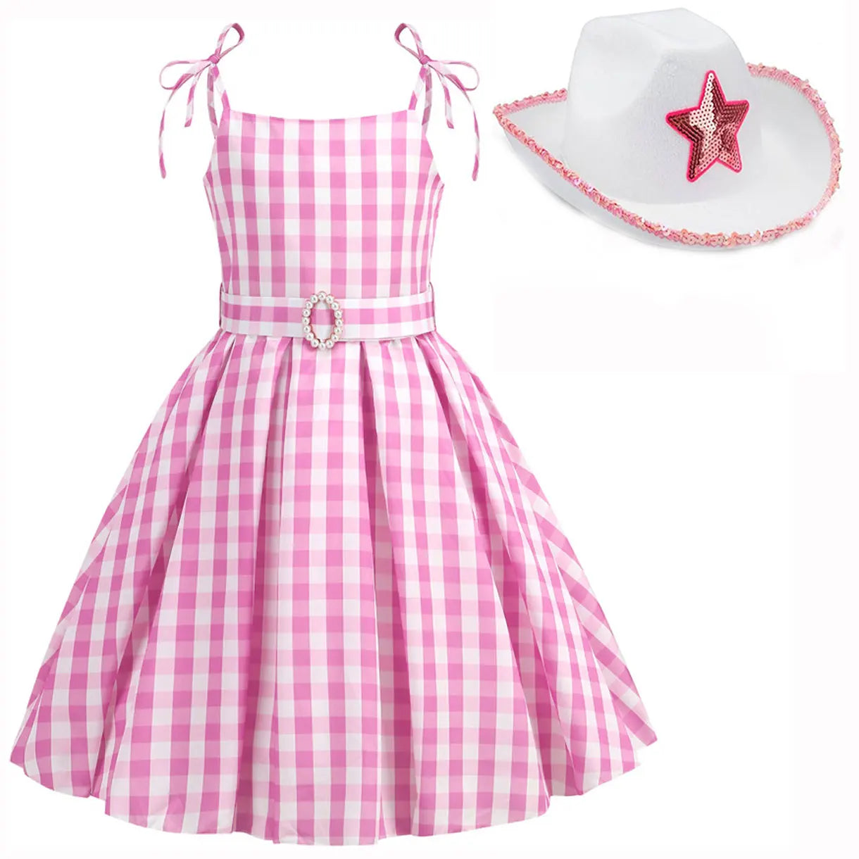 Halloween Hot Movie Margot Robbie Role Play Baby Pink Dress Girl Cowboy Look Dress Summer Sleeveless Plaid Slim Strap Dress Set