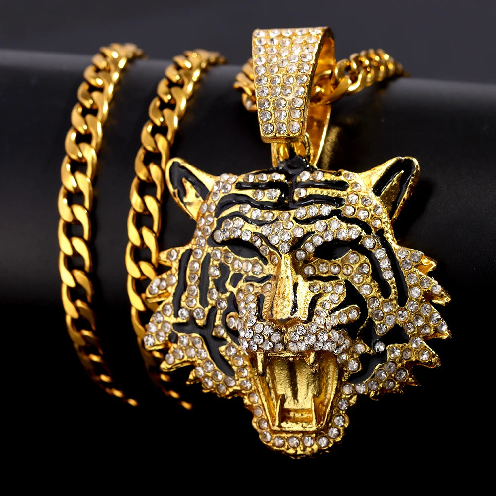 HipHop Tiger Pendant Necklace for Men Women Iced Out Cuban Link Chains Luxury Crystal Cuban CZ Stainless steel Necklaces Jewelry