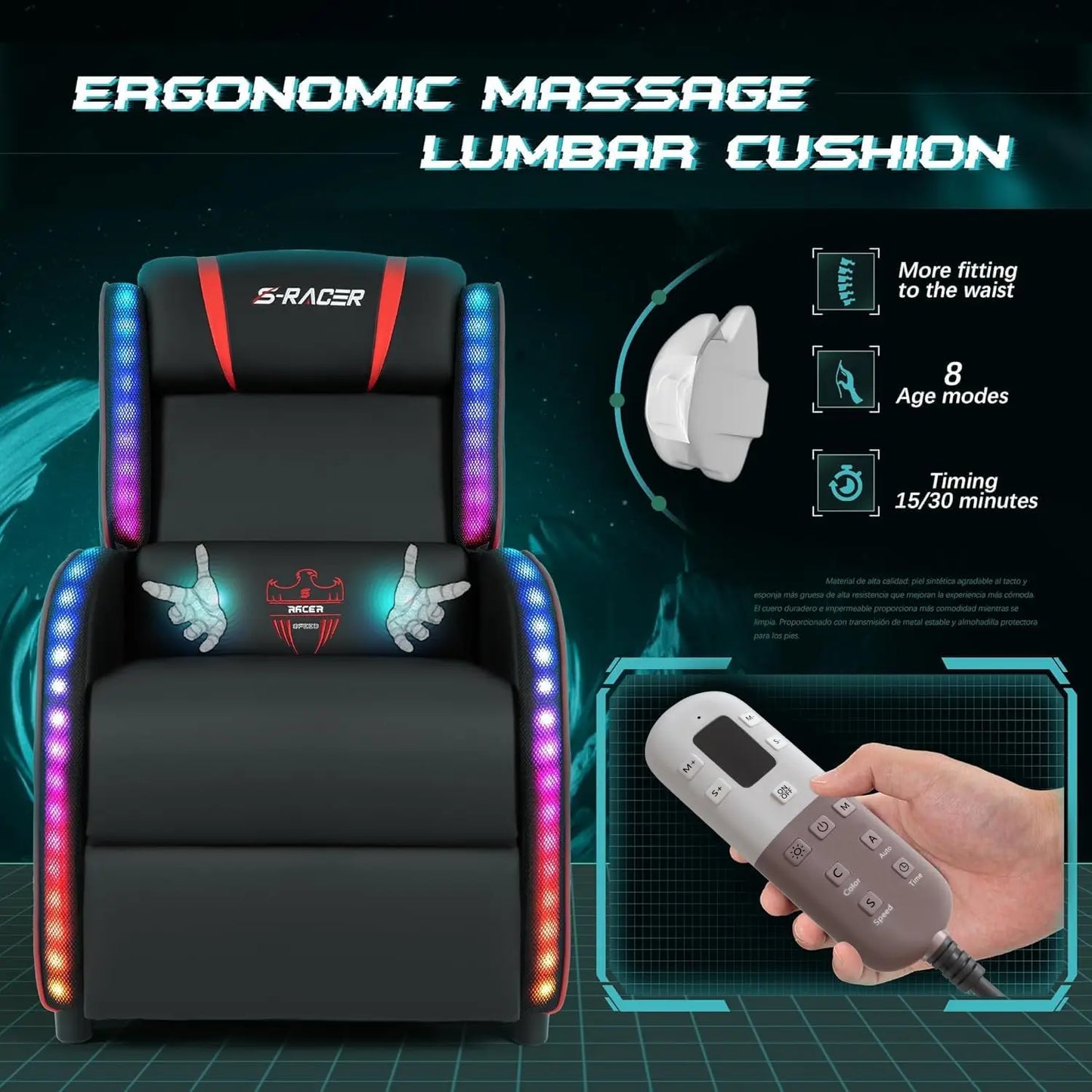 LED Gaming Massage Recliner Chair Racing Style Single Living Room Sofa Comfortable Ergonomic Home Theater Seating(Red)