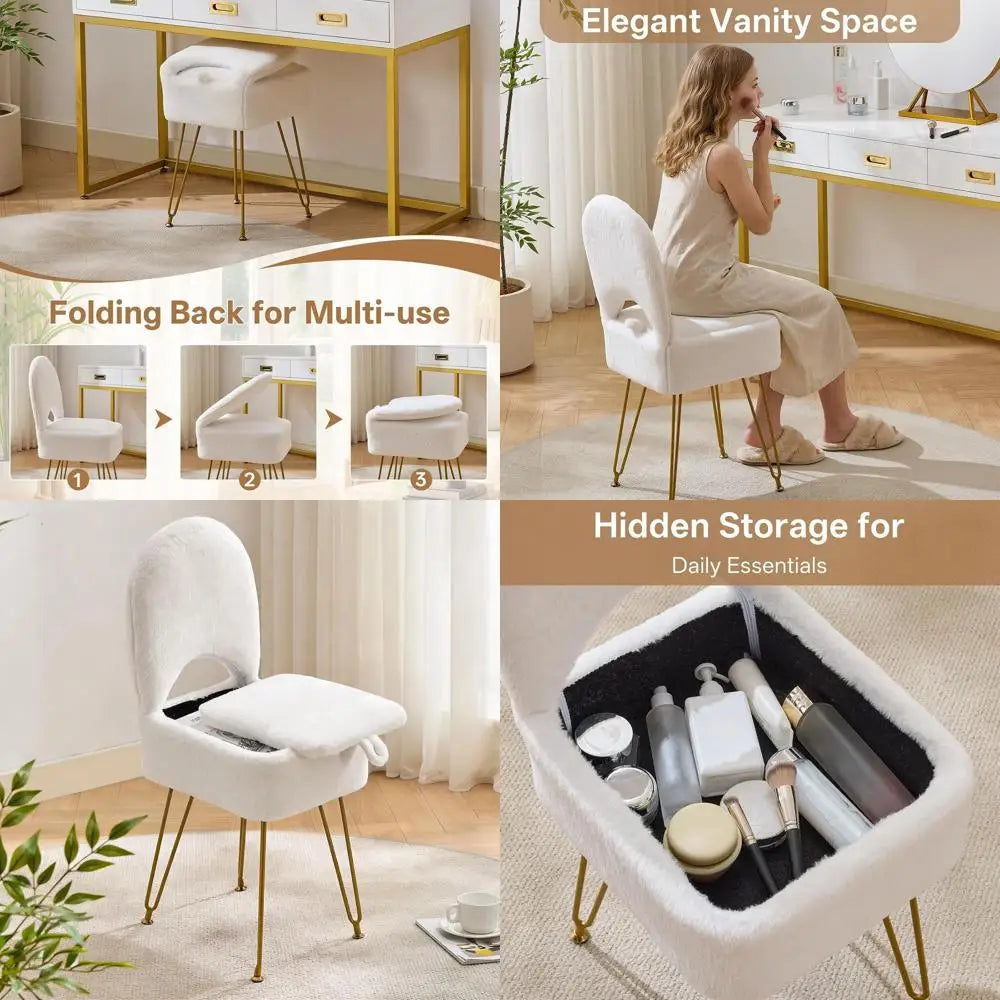 White Vanity Chair with Storage, olding Back aux ur Vanity Stool, Makeup Ottoman with Gold Legs or Bedroom/Bathroom