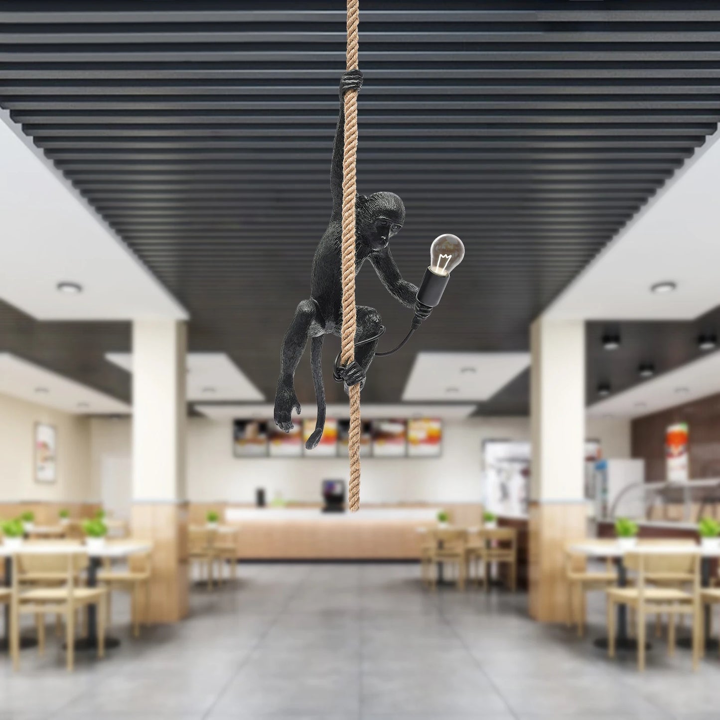 Pendant Light with Adjustable Hemp Rope and Resin Monkey for Home Lighting