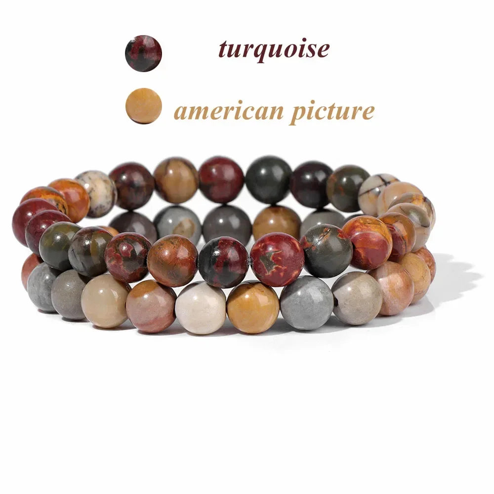 2Pcs Colorful Natural Stone Bead Bracelet Set 8MM Natural Agates Turquois Amethysts Quartzs Gem Stretch Bangle Jewelry Gift