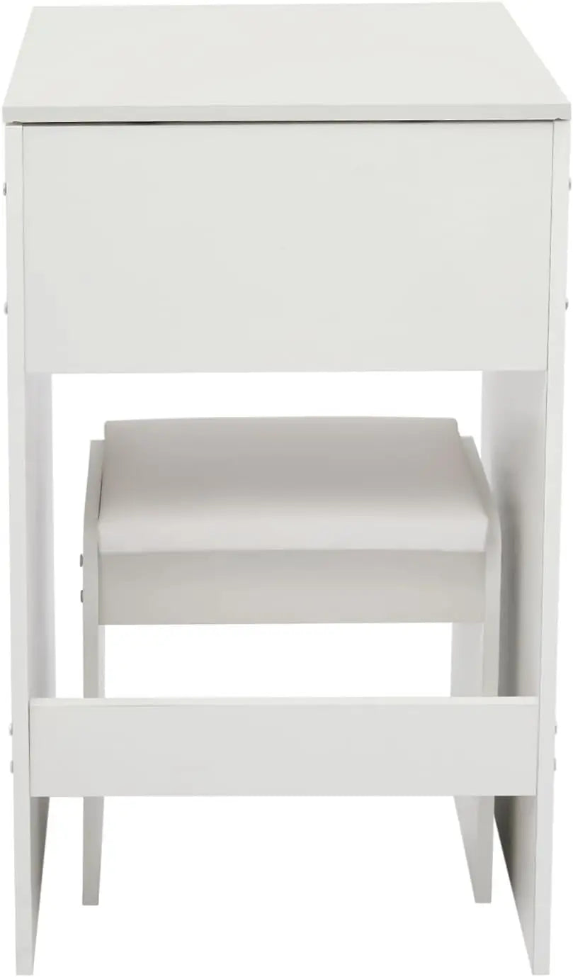 White 2-in-1 Flip Top Mini Vanity Desk Set, Makeup Table with Mirror, Drawer & Padded Stool, Multi-Purpose Corner Bedroom Vanity Nightstand