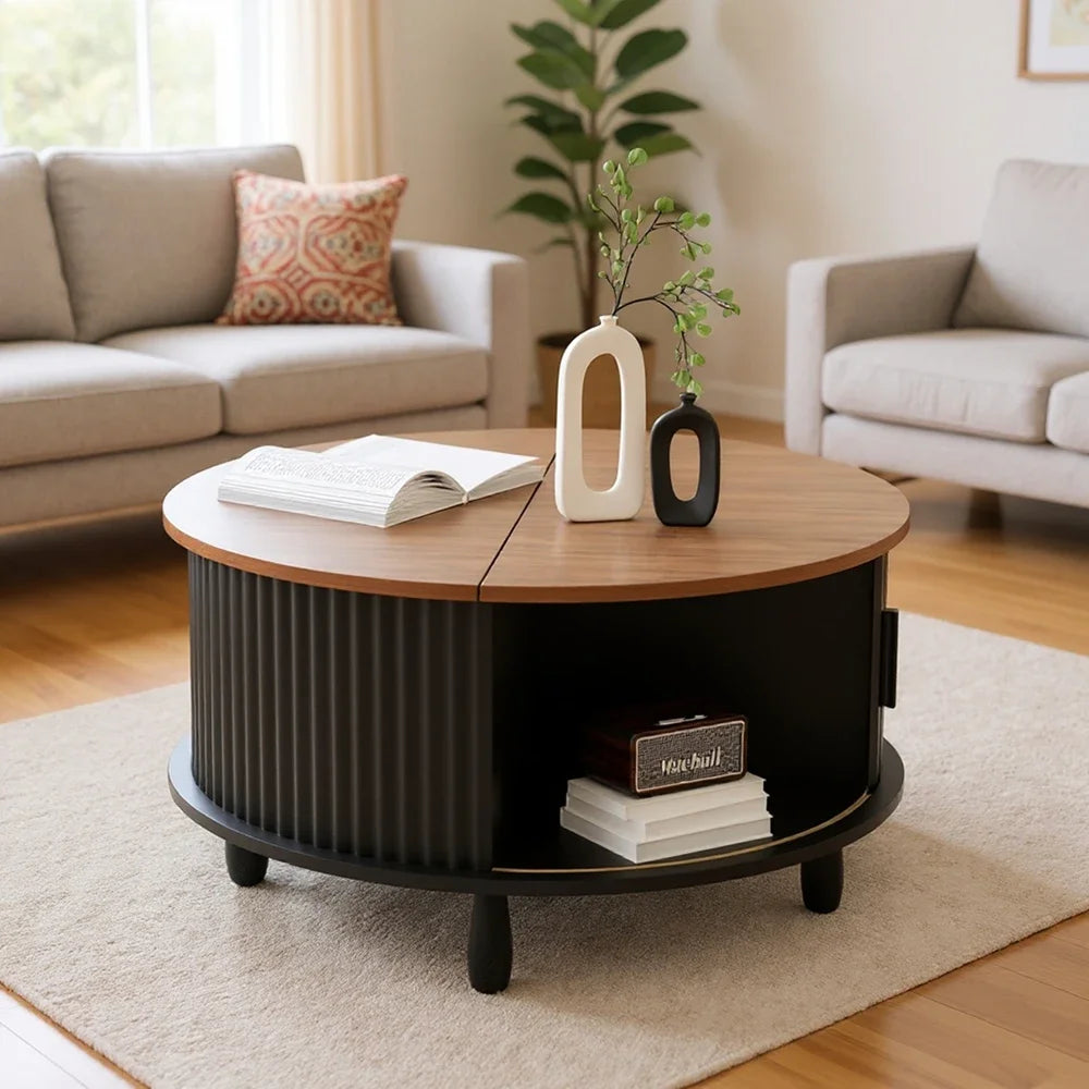 Round Wooden Coffee Table 30.7 inch With Storage Function Suitable For Home Living Room Office With Sliding Cabinet Door