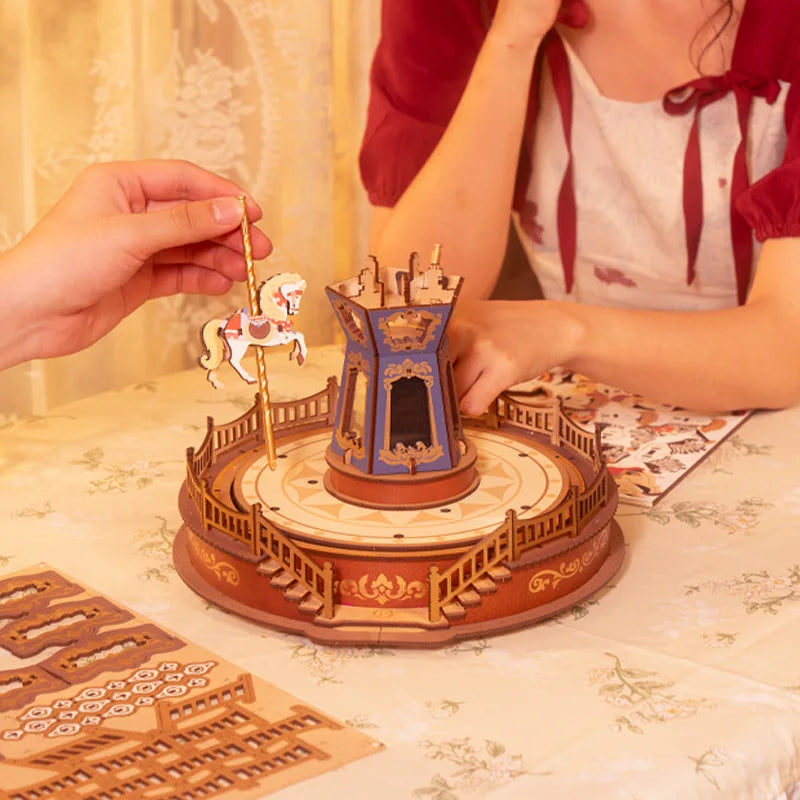 3D Wooden Puzzle Carousel Music Box With LED Lights Gear Model Building Construction Craft Kits Xmas Gifts for Adult