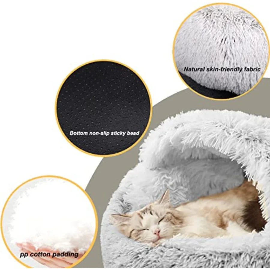 Small Dog Bed Hooded, Cat Cave Bed for Indoor Cats with Covered Hood for Small Dogs Cats Puppy, Plush Faux Fur Enclosed Nest -2
