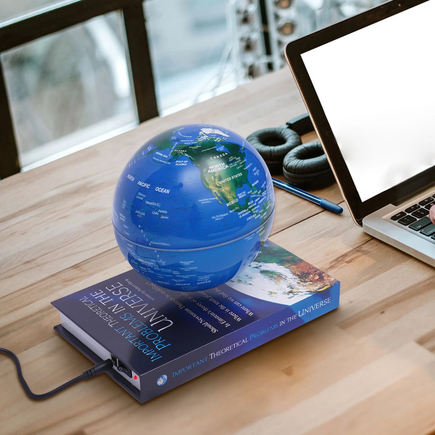 Magnetic Levitation Floating Globe 6 Inch Dark Blue ABS Book Base 100-240V Auto Rotating Geographic Globe Gradient Color LED Light 3-5W Low Power LED Levitating World Map Lamp For Home Office Kids Classroom