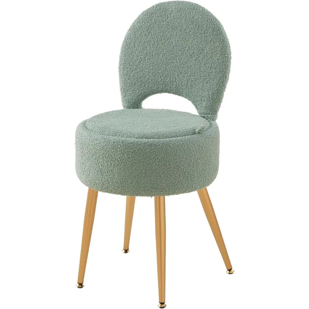 Compact Round Velvet Ottoman with Hidden Storage Foldable Backrest Metal Legs Anti Slip Feet for Bedroom Makeup
