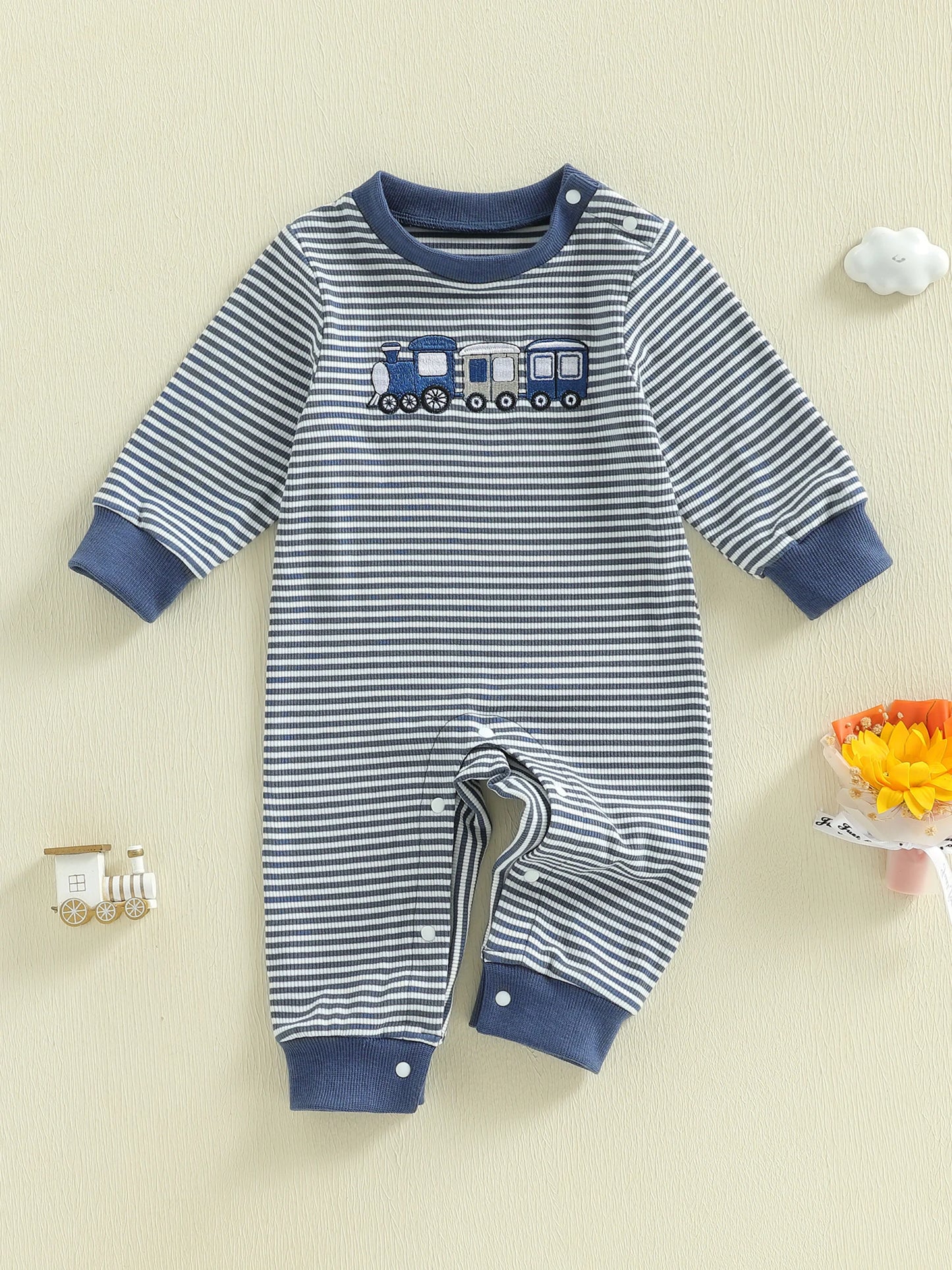 Toddler Boys Fall Striped Playsuit with Long Sleeves and Train Embroidery Comfortable Crewneck Loose Fit Romper
