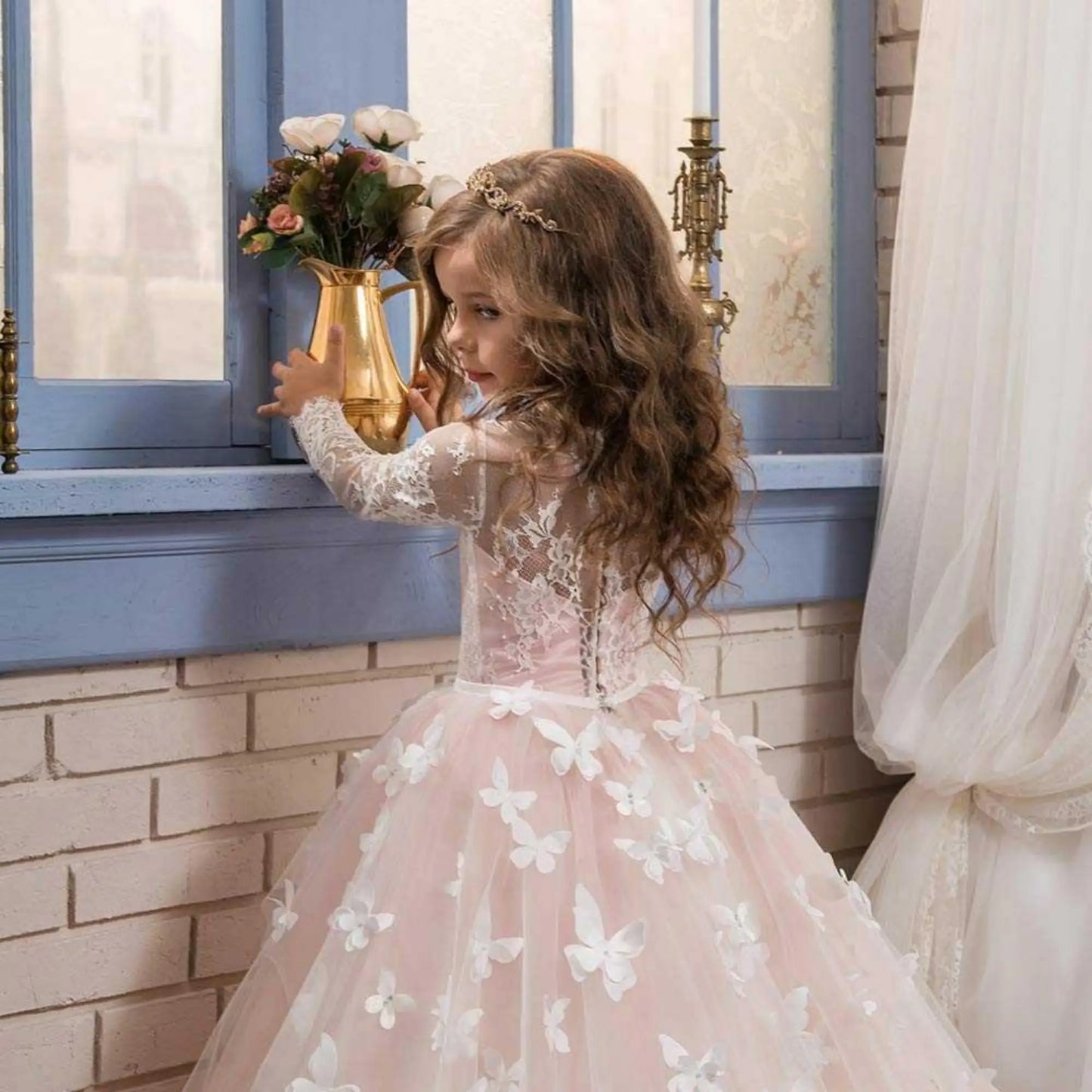 Girls Blush Pink Long Sleeve Lace Illusion Neckline 3D Butterfly Appliqué Tulle Flower Girl Dress With Train For Wedding Party