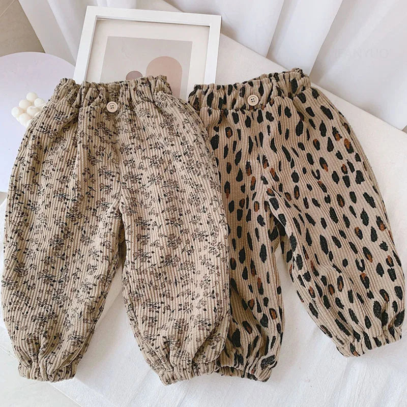 Spring Autumn Girls Korean Corduroy Floral Pants Thicken Fleece Warm Children Trousers Fashion Leopard Print Boys Pants Outwear