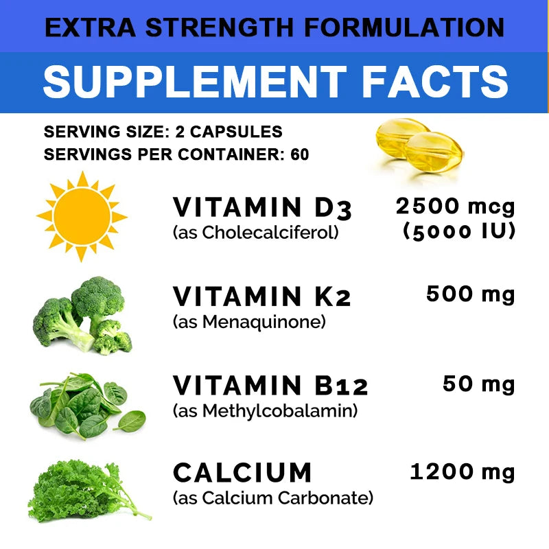 Calcium + D3 + K2 + B12 Capsules - Support Bone and Muscle Health, Replenish Joints