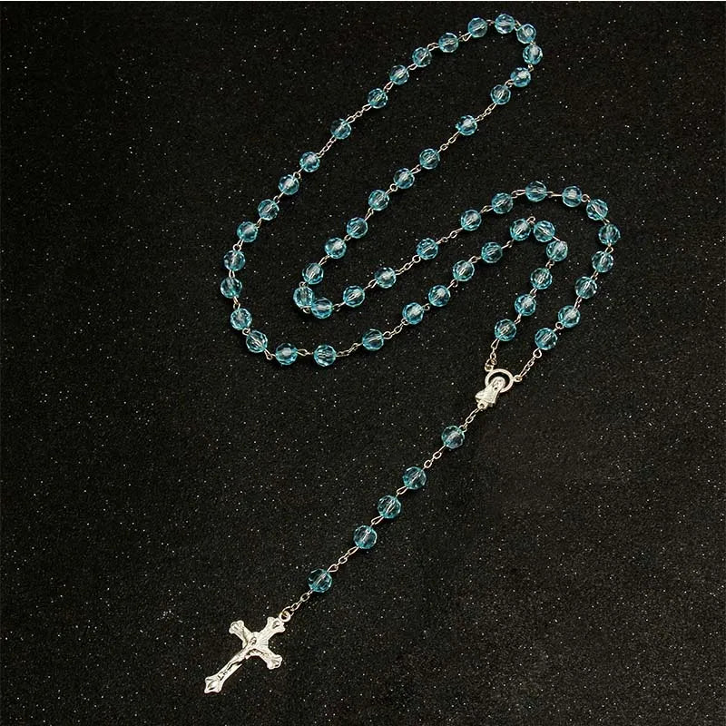 8mm fashion rosary ladies necklace high quality diy Jesus Christian cross necklace and pendant long chain jewelry jewelry
