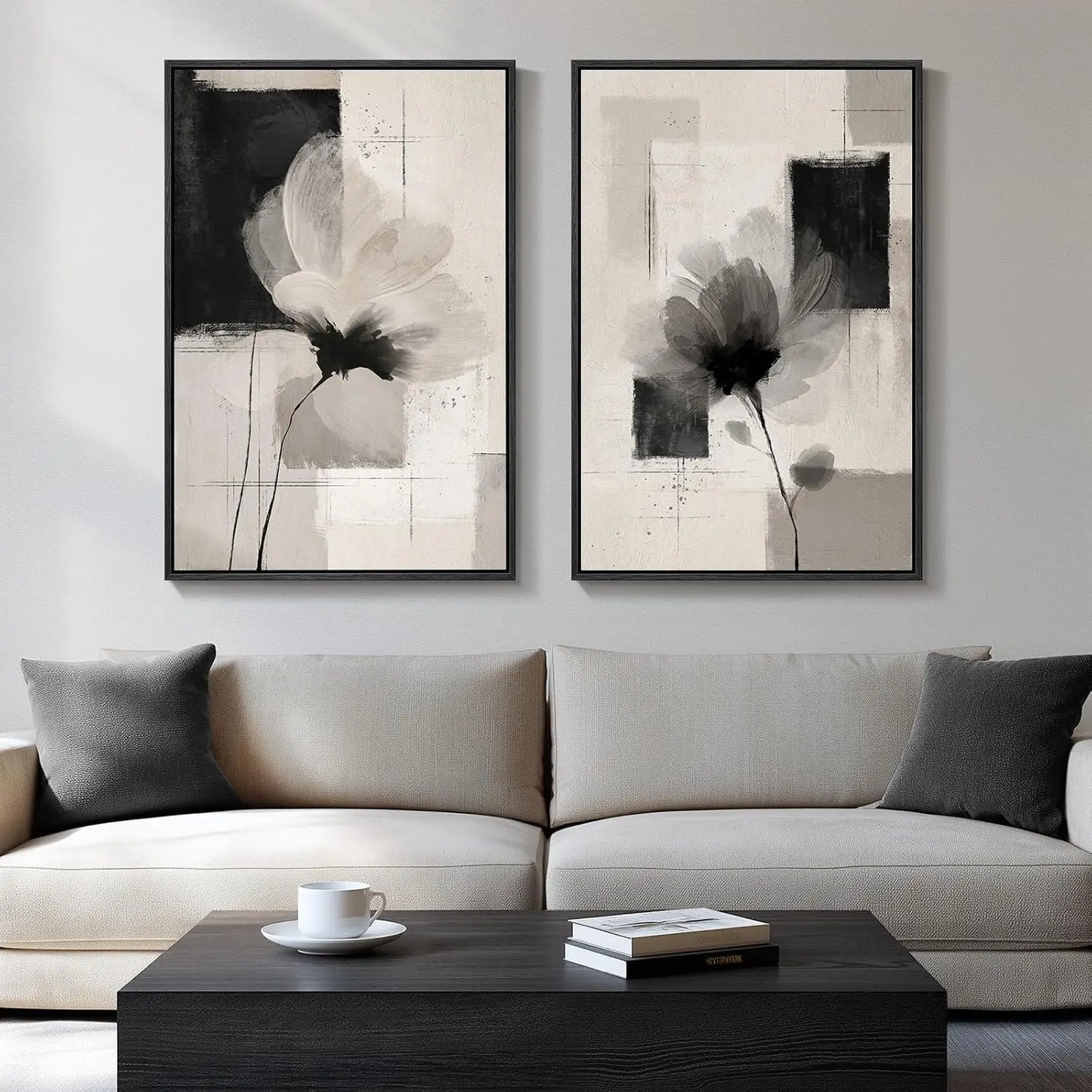 Framed Neutral Abstract Wall Art Set of 2, Black Beige Modern Canvas Prints Paintings Artwork for Walls, Minimalist Block Lines Pictures for Living Room, Dining Room, Bedroom Wall Decor 16x24 In