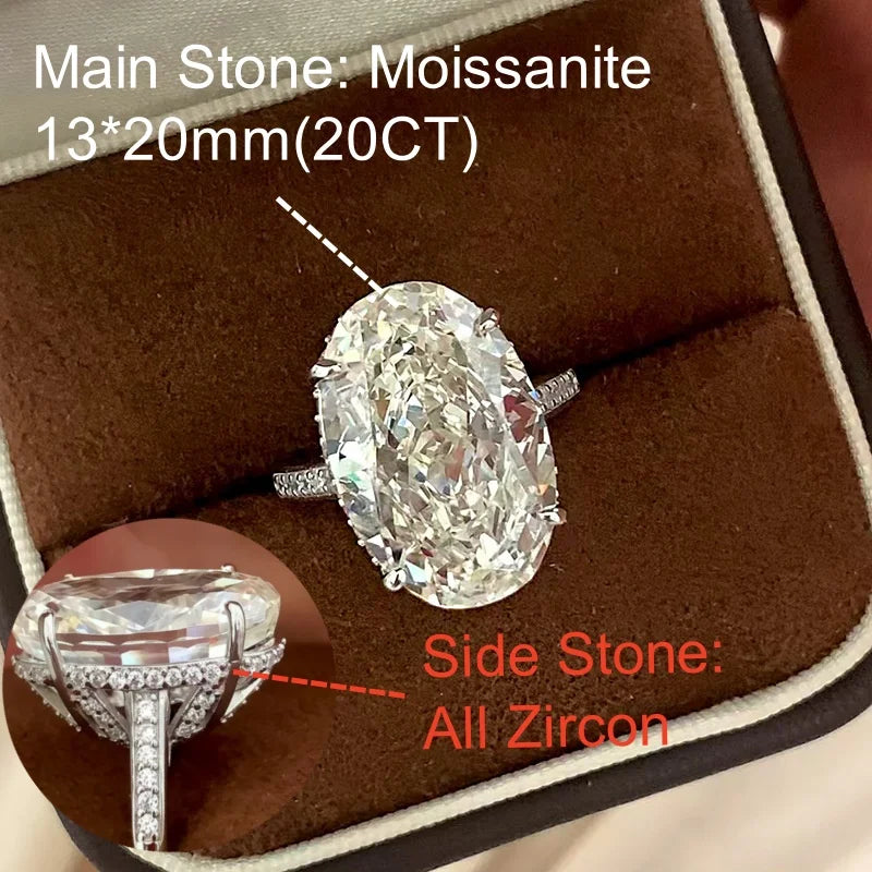 S925 Sterling Silver 20CT Large Carat Moissanite Egg Shape Ring Minimalist Band Luxury Jewelry for Women Elegant Gifts