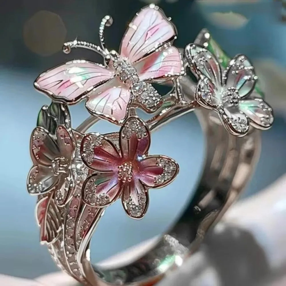 Aesthetic Flower Butterfly Rings for Female Romantic Rhinestone Stylish Non-fading Opening Ring Women Wedding Jewelry Party Gift