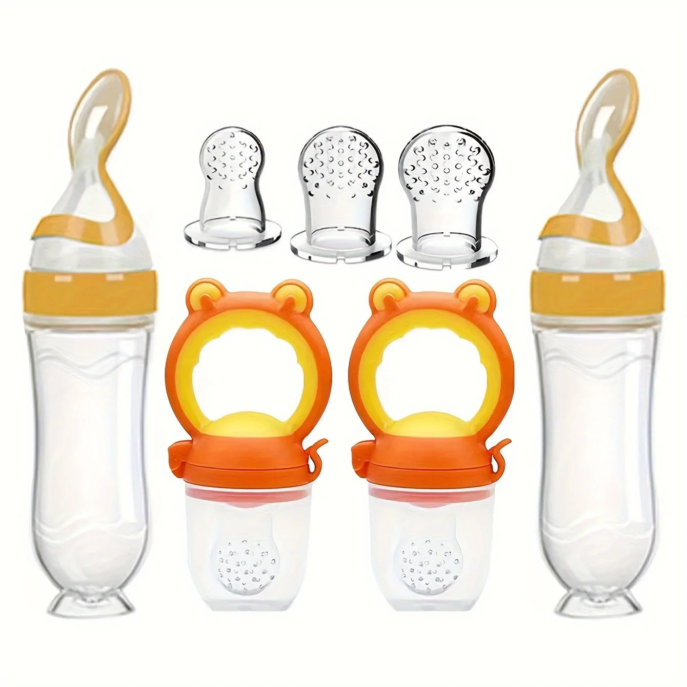 7pcs/set Baby Feeding Set: 2pcs Silicone Feeding Bottle with Spoon,Squeeze Baby Food Dispensing Feeder,2pcs Fresh Food Feeder Pacifier,3-Size Nipples, Toddler Feeding Bottle Set