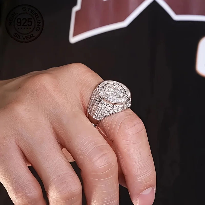 Luxury Men's Solid 925 Sterling Silver Circular Baguette Solitaire Ring Icy Large Pinky Rings Hip Hop Jewelry Gift For Husban