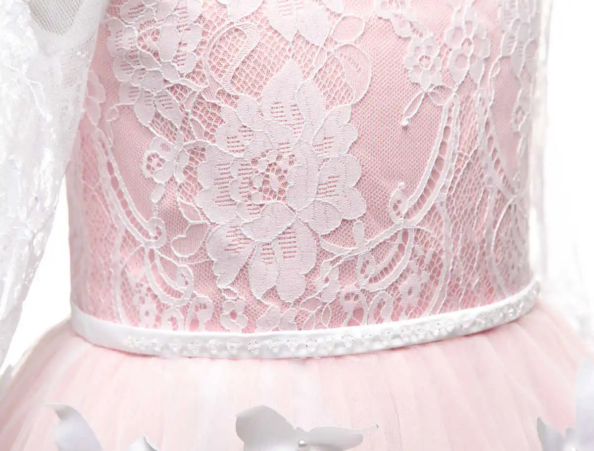 Girls Blush Pink Long Sleeve Lace Illusion Neckline 3D Butterfly Appliqué Tulle Flower Girl Dress With Train For Wedding Party