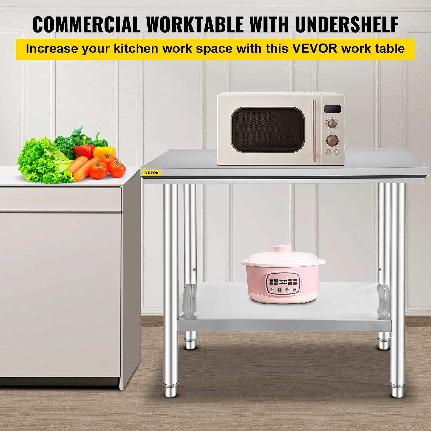 SucceBuy Kitchen Work Bench Commercial Catering Table Worktable with Undershelf Stainless Steel 330LBS 286LBS Restaurant Garage