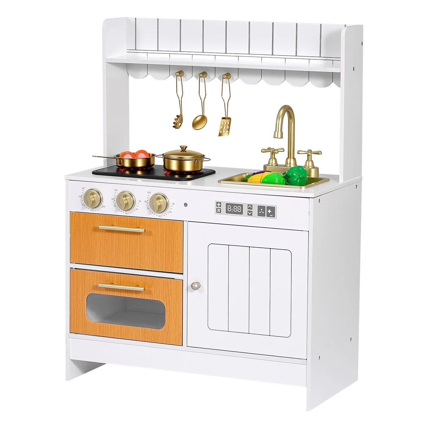 SucceBuy Wooden Kids Kitchen Playset with Lights Sounds & Cookware Accessories Pretend Play Kitchen Toy Set for Toddlers Girls