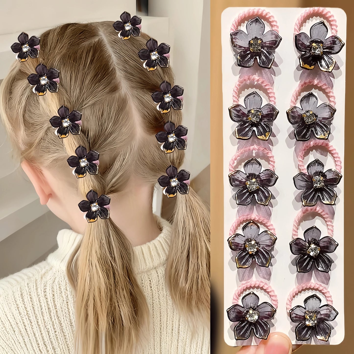 10Pcs Girls Elastic Hair Bands with Rhinestone and Flower Decorations High Elasticity Durable Hair Ties for Outdoors and Braiding