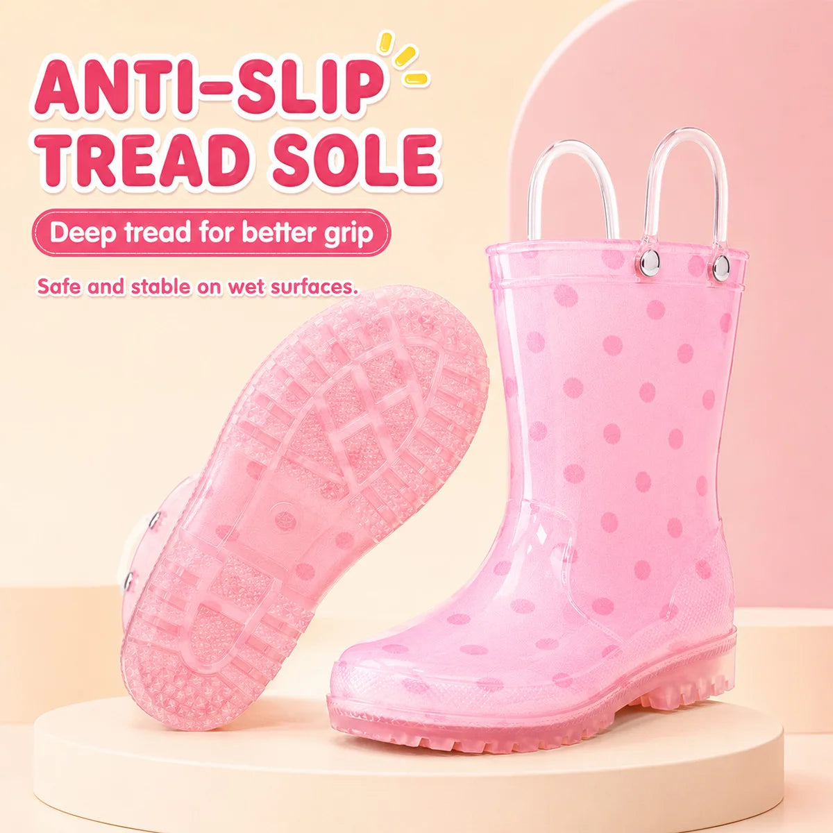 Kids Rain Boots with Pull Handles, Cute Cartoon Polka Dot Design, Girls Waterproof Wellies for Outdoor Water Play, Camping and Adventures
