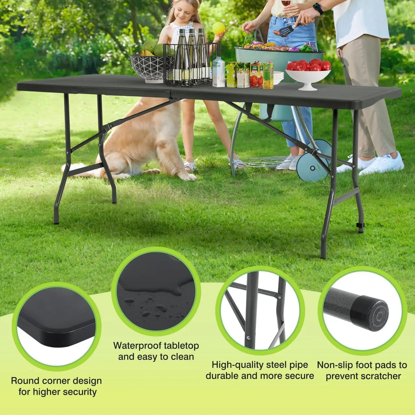 6ft Foldable Outdoor Camping Table Portable Plastic Square Dining Height for Picnic Party Backyard