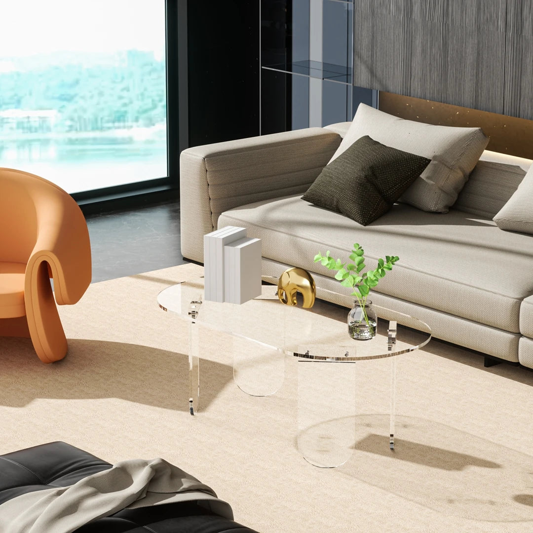 Clear Transparent Oval Acrylic Coffee Table, Modern Accent End Side Table with 4 Legs & PVC Cover for Living Room, Office