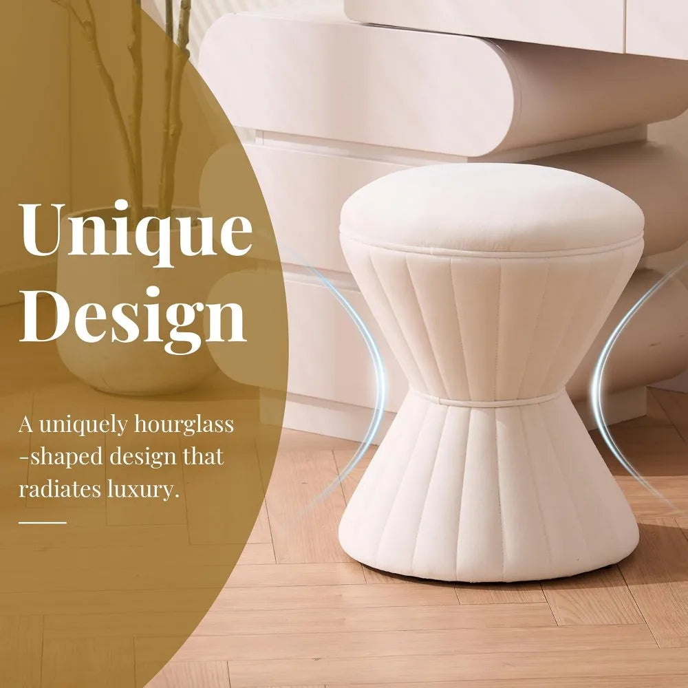 Versatile Velvet Ottoman, Upholstered Vanity Stool, Durable Round Footstool for Various Rooms, Beige