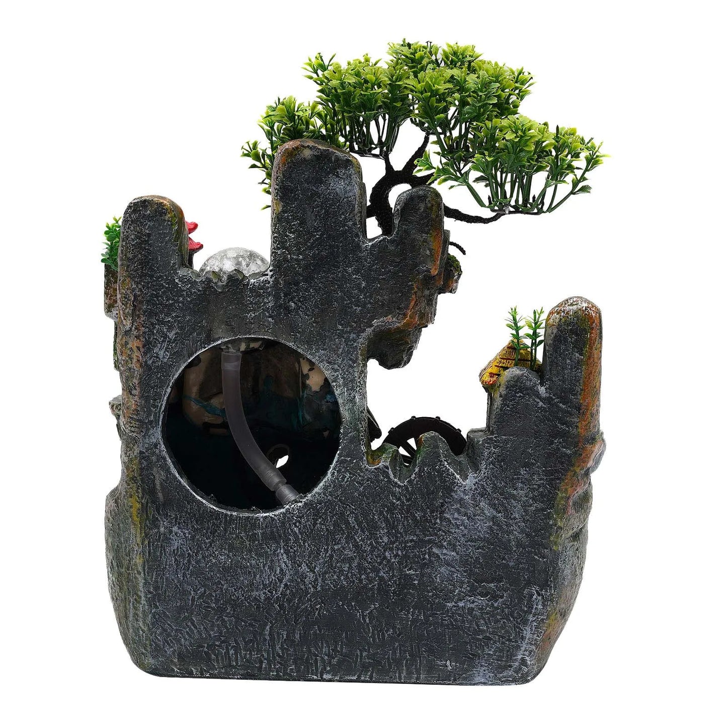 110V Resin Desktop Rockery Water Fountain Built-in Atomizer, Indoor Feng Shui Cascading Waterfall Ornament for Office Corridor Decoration