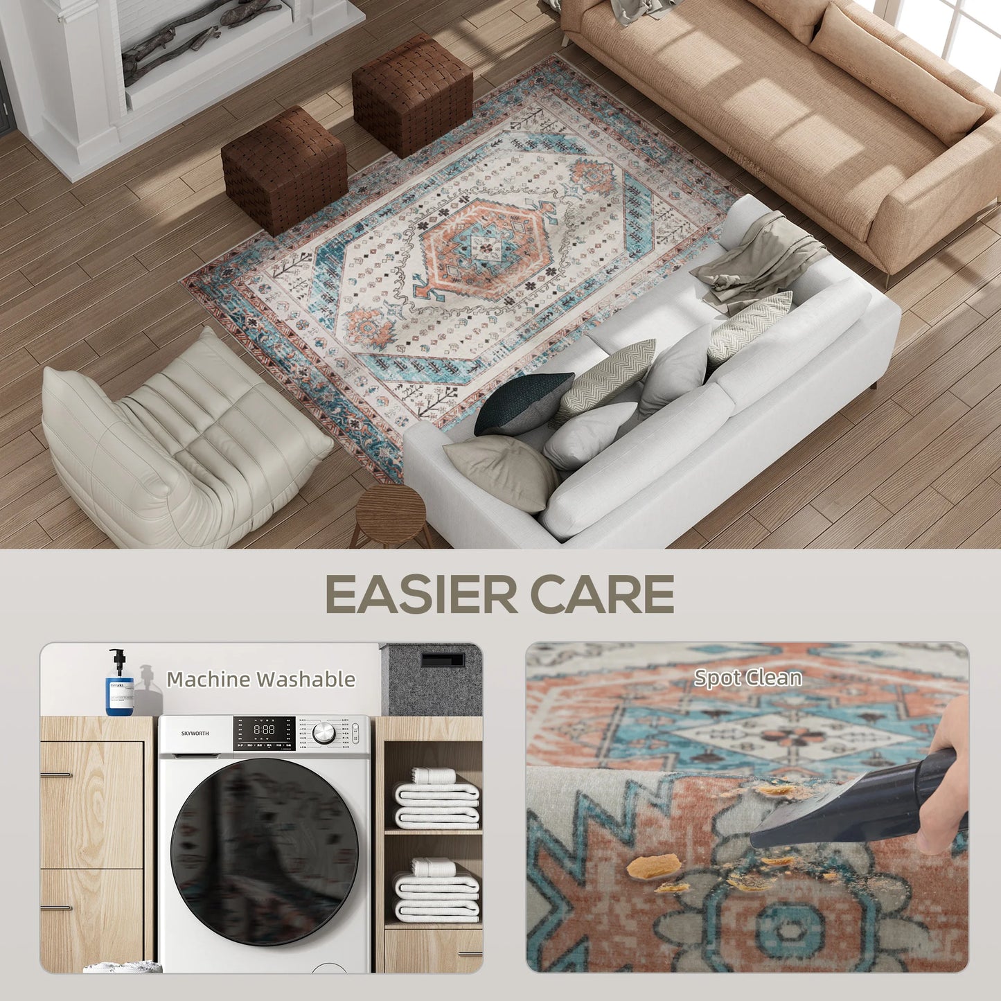 Machine Washable Area Rug, 4'x6' Vintage Oriental Medallion Distressed Rugs Soft Printed Floor Mat, Brown and Blue