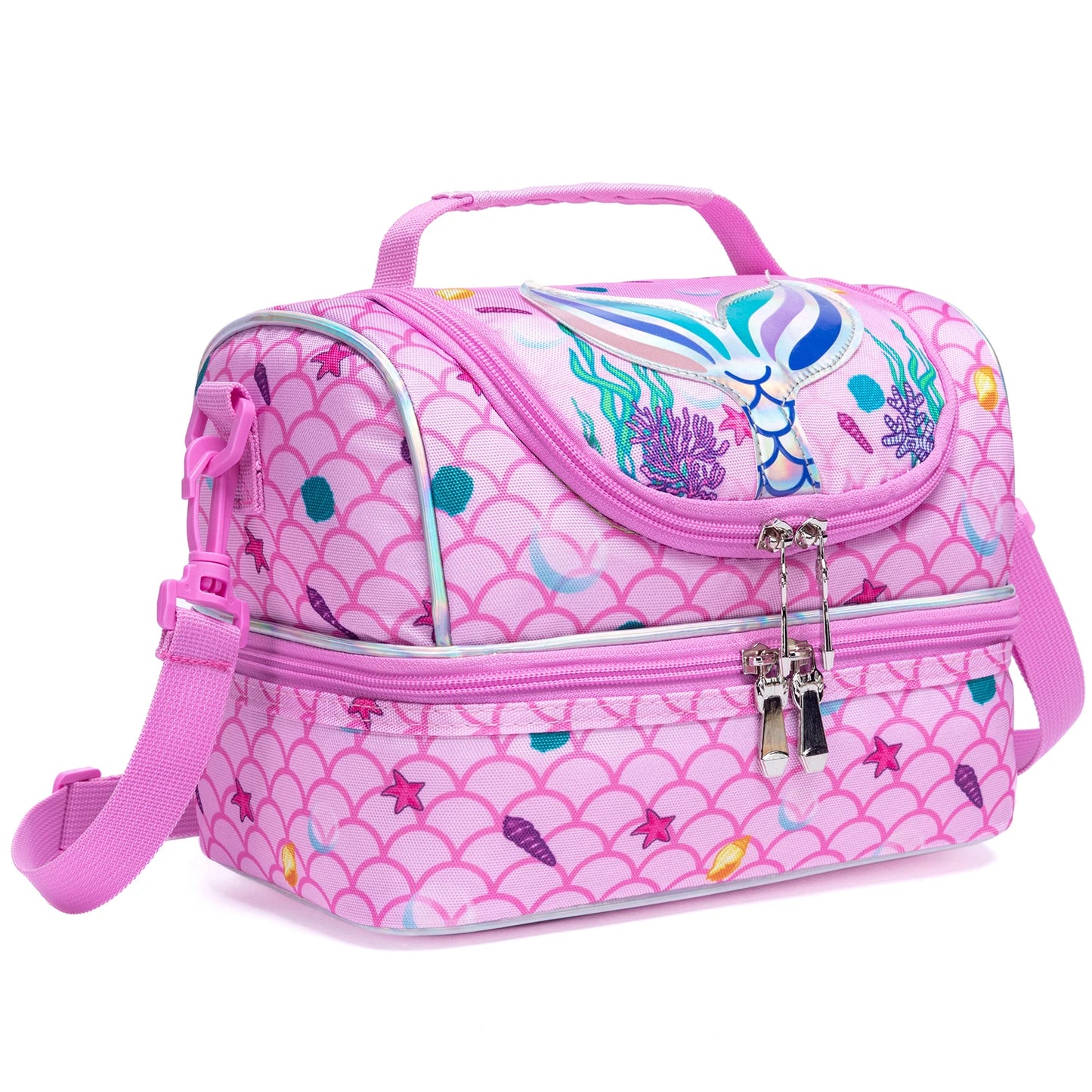 Cute Cartoon Animal Double Deck Girls Lunch Bag Portable Insulated Leakproof Lunch Tote with Detachable Shoulder Strap for School Nursery
