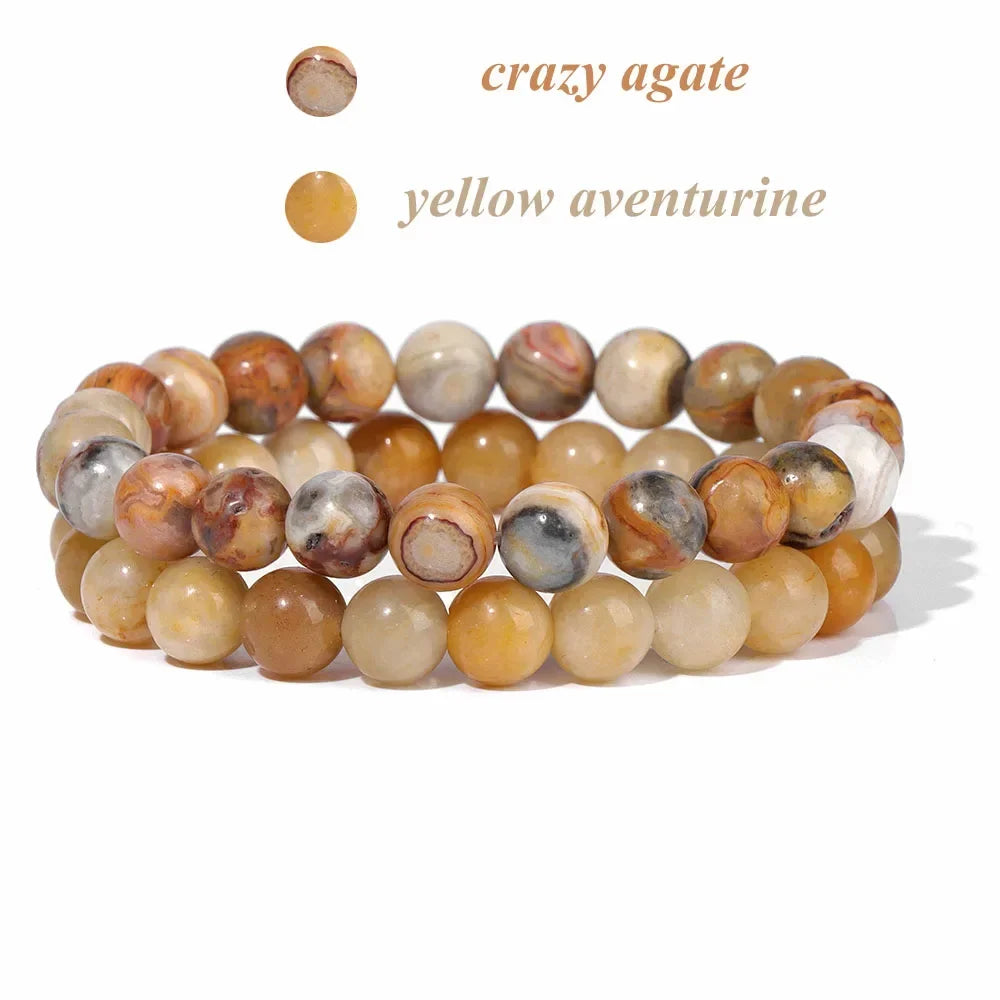 2Pcs Colorful Natural Stone Bead Bracelet Set 8MM Natural Agates Turquois Amethysts Quartzs Gem Stretch Bangle Jewelry Gift