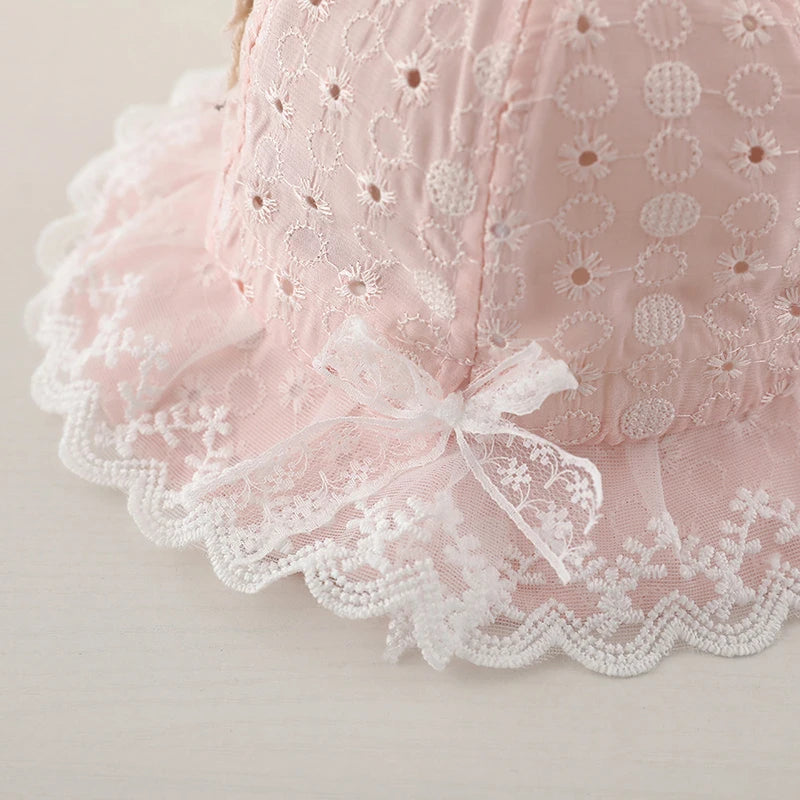 0-12M Infants Lace Fisherman Cap Princess Baby Sunscreen Basin Caps Cute Cherry Bucket Hat Kids Summer Thin Hollow Cotton Visors
