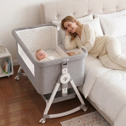 Baby Bassinet, 3-in-1 Bedside Sleeper with Mosquito Net, 7 Adjustable Heights, Portable Folding Infant Crib with Wheels,