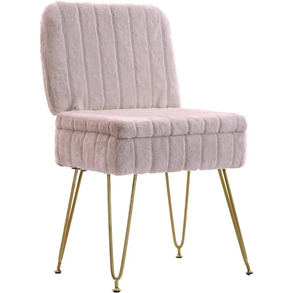 Storage Ottoman Chair with Fold Back Faux Fur Seat Metal Legs Anti Slip Feet for Bedroom Dressing Room