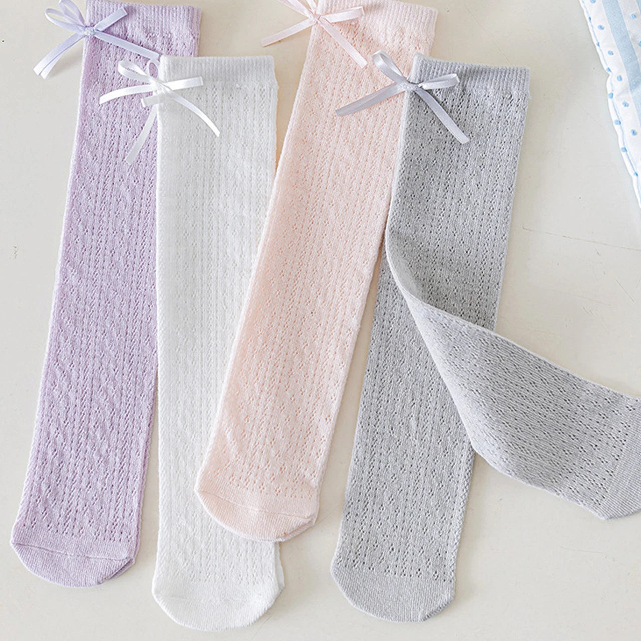 Japanese Hollow Bow Socks for Girl Summer Mesh Breathable Knee High Socks Solid Color Princess Kids Calf Socks 3-10 Years