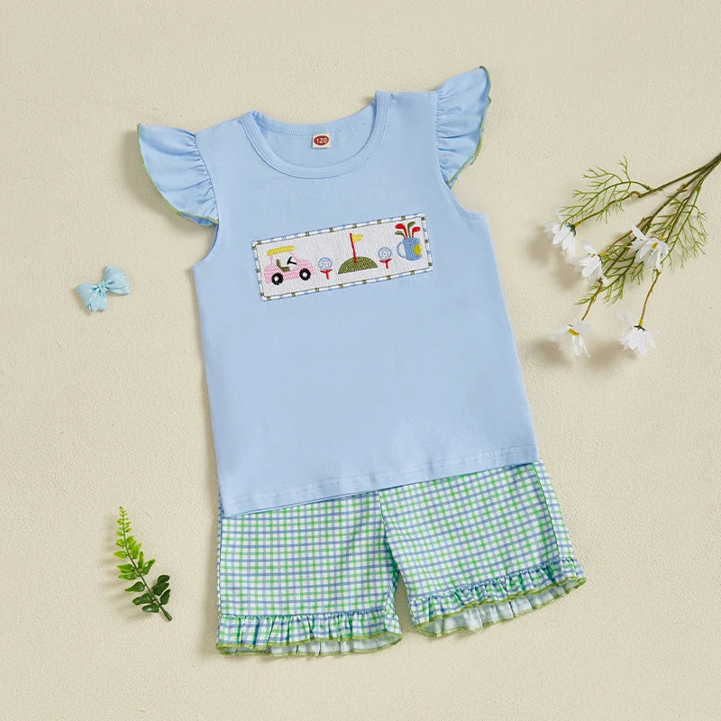 Adorable Baby Girls Summer Outfits with Embroidered Golf Design Flutter Sleeves and Elastic Ruffle Plaid Shorts - Stylish