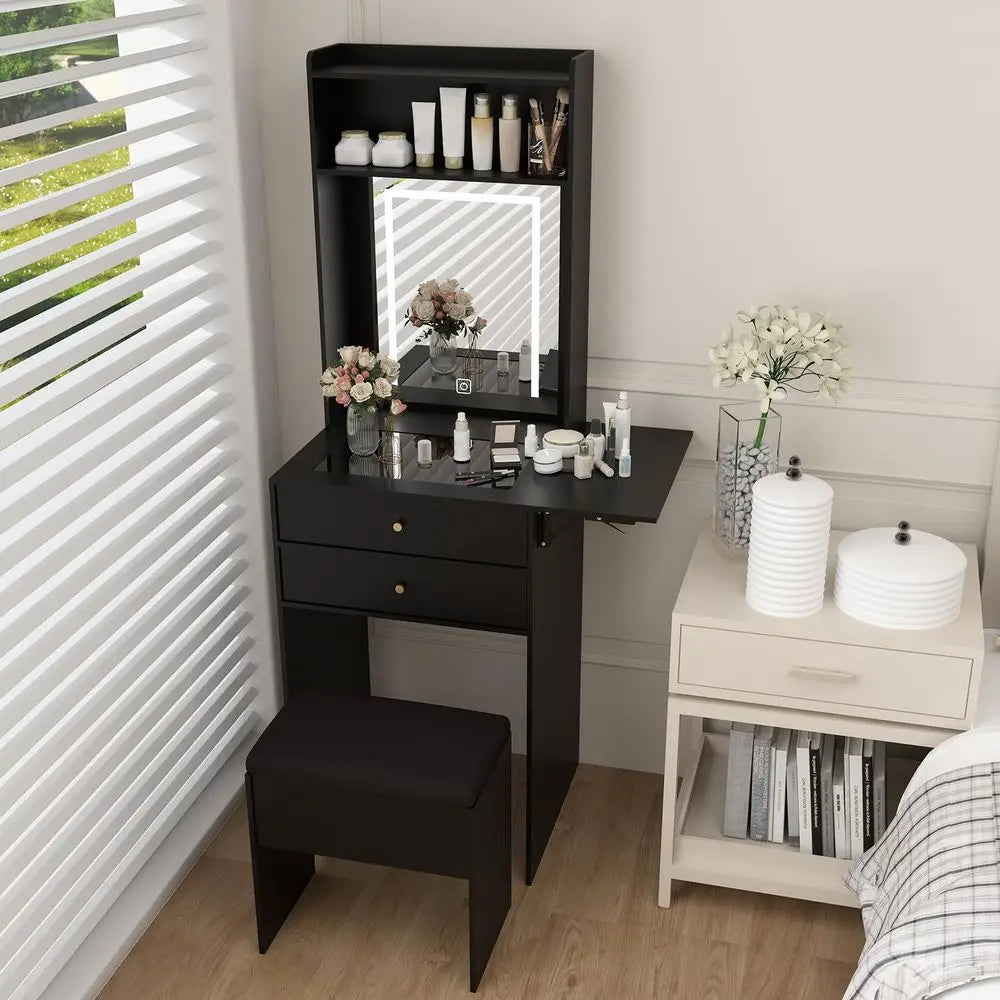 Table with Lighted Mirror and Stool, 3in1 Vanity Desk with 3Color LED Lights and 2 Drawers, FlipTop Hidden Storage Makeup Table