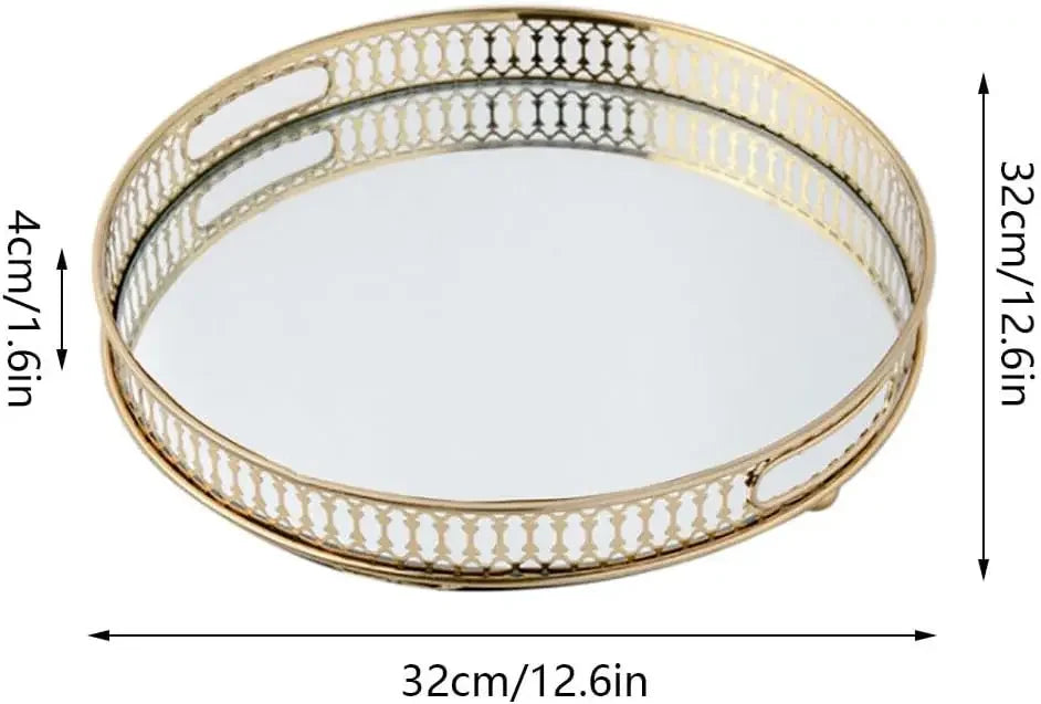 Decorative Tray - Mirror Tray Gold Makeup Jewellery Organiser, Mirrored Metal Decoration for Breakfast, Fruit, Hotel, Kitchen, Bathroom, Dressing Table (Round)
