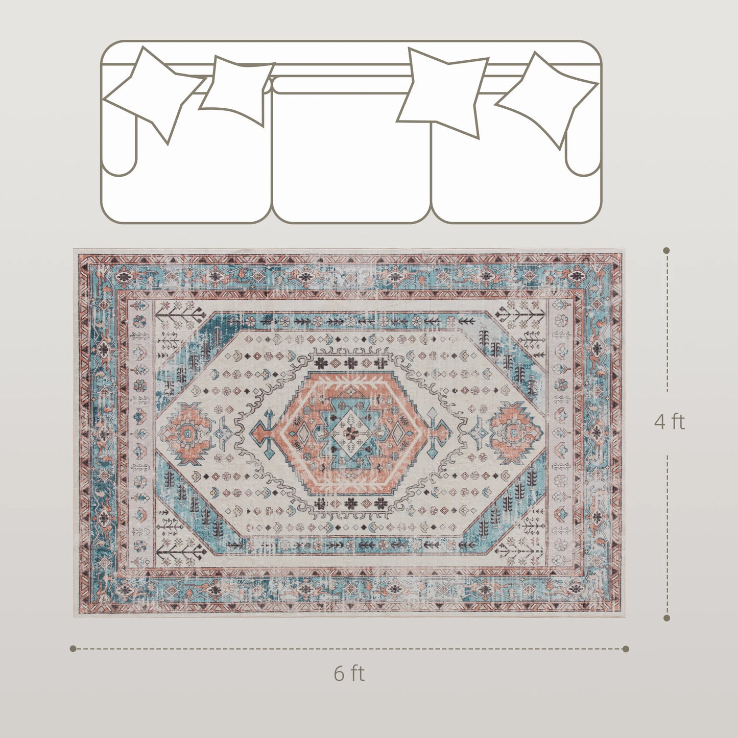 Machine Washable Area Rug, 4'x6' Vintage Oriental Medallion Distressed Rugs Soft Printed Floor Mat, Brown and Blue