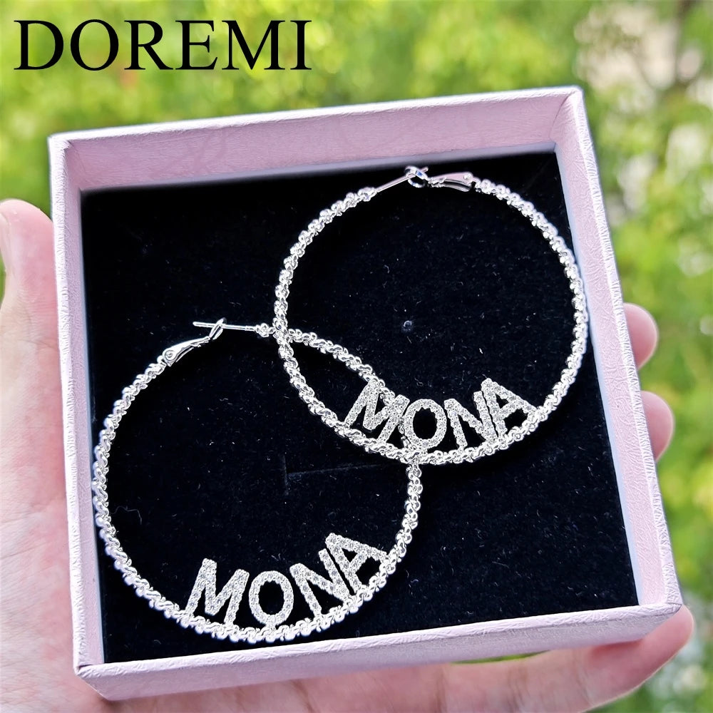 DOREMI 9mm Shiny Initial Letters Twisted Earring Hoop Custom Jewelry Crystal Zircon Nameplate Personalied Earring Gift For Women