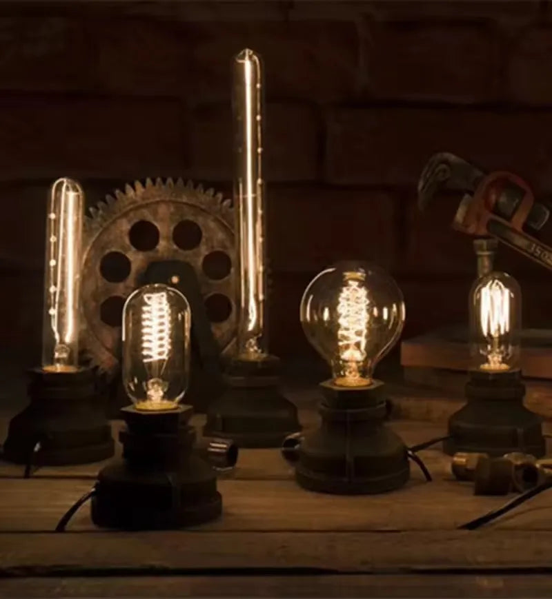 Vintage American Village Style Desk Light Table Lamp Iron Steel Water Pipe Rustic Loft Industrial Retro Base E26 Holder