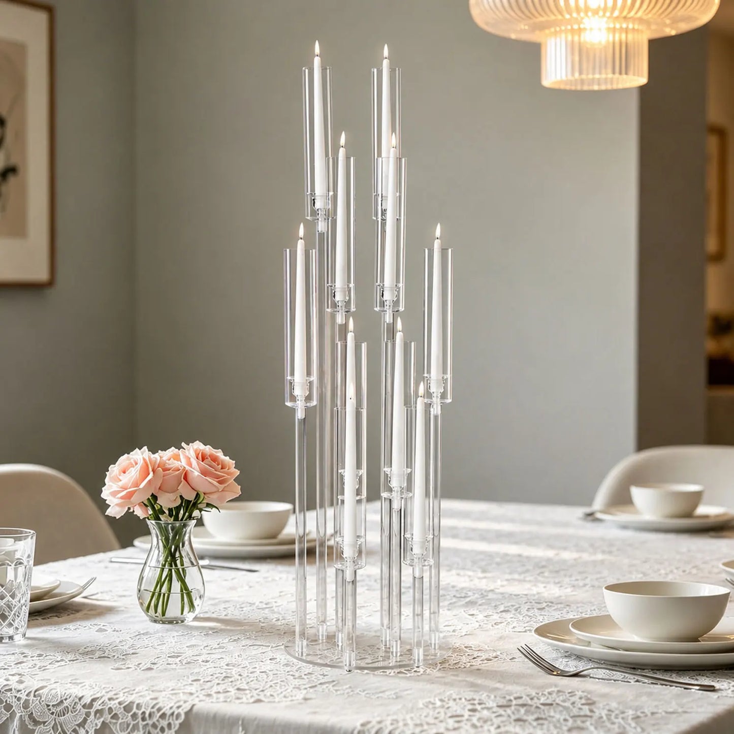 10 Arm Acrylic Candelabra Centerpieces 37.7 Inch Tall Floor Candlestick Holder with Lampshades for Wedding Table Decorations Party Event