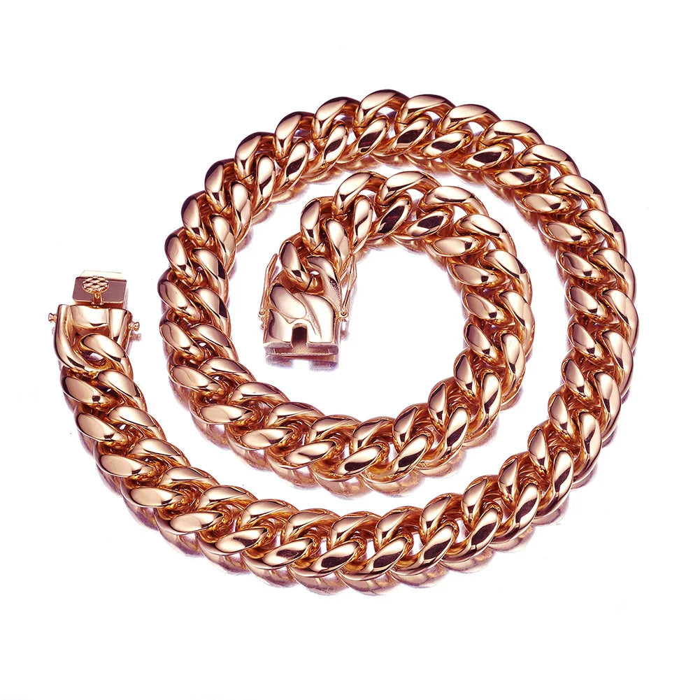 14mm Wide Rose Gold Color 316L Stainless Steel Cuban Miami Link Chains Necklaces for Unisex Hip Hop Rock Jewelry Gift