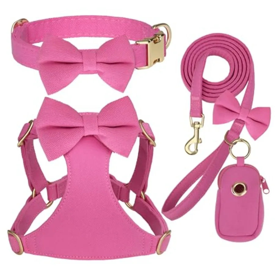 Small dog harness collar leash set for XS dogs, nylon with pink bows, adjustable step-in vest for walking and holiday outfits