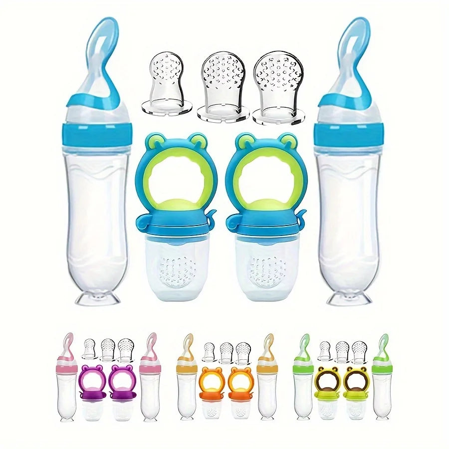 7pcs/set Baby Feeding Set: 2pcs Silicone Feeding Bottle with Spoon,Squeeze Baby Food Dispensing Feeder,2pcs Fresh Food Feeder Pacifier,3-Size Nipples, Toddler Feeding Bottle Set